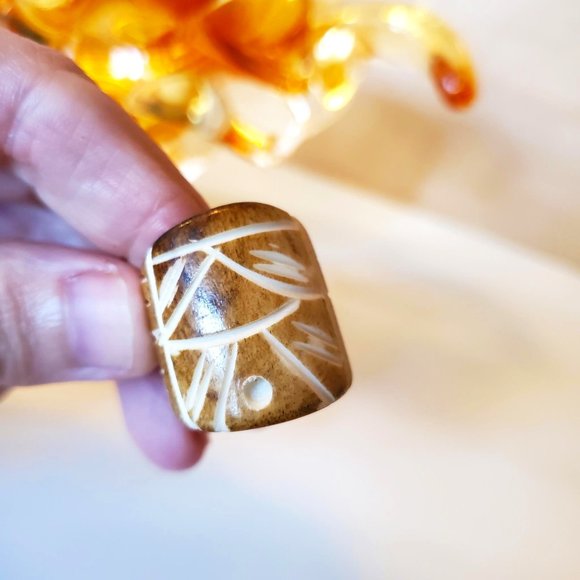 Hand Crafted Jewelry - Hand Carved Natural Bone Oval Tan Statement Etched Ring
